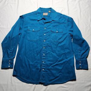 C.E. Schmidt Mens Large Pearl Snap Twill Long Sleeve Shirt Teal Blue Workwear